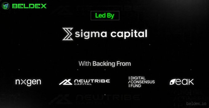 A black promotional graphic for BELDEX displaying "Led By sigma capital" and "With Backing From" logos including "n>gen", "NEWTRIBE CAPITAL", "DIGITAL CONSENSUS FUND", and "Peak".
