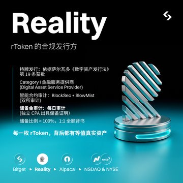 A promotional graphic featuring Reality, the compliant issuer of rTokens, highlighting its responsible token issuance, daily reserve audits (with CPA attestation) by Category 1 licensed service providers like BlockSec and SlowMist, and 100% reserve backing, alongside partners Biget, Reality, Alpaca, and NSADAQ & NYSE. The accompanying post emphasizes the trust and regulatory compliance behind tokenized stocks through Reality and Alpaca's partnership.