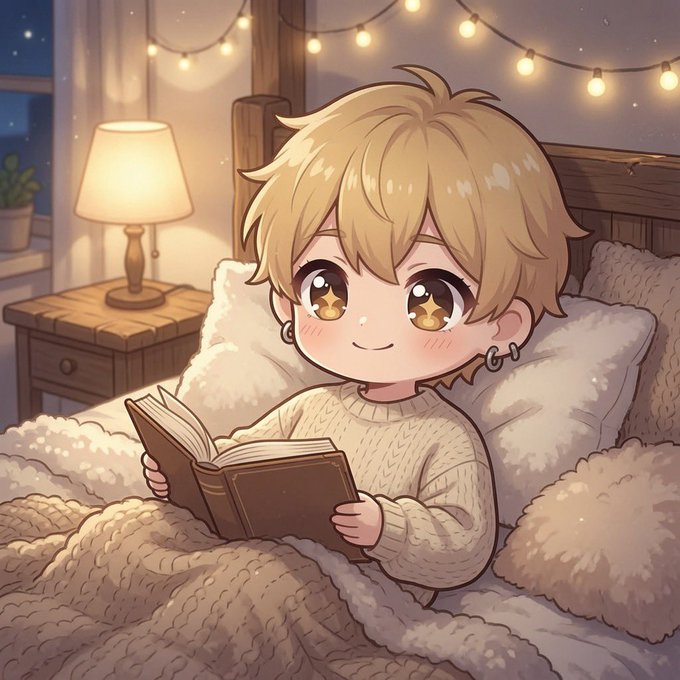 A chibi-style anime boy with starry eyes reads a book in a cozy bed under warm string lights.