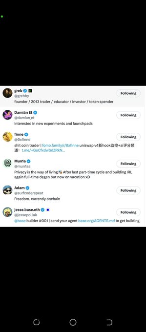 A mobile screenshot displays a Twitter following list of crypto/blockchain accounts including greb, Damián Et, finne, Munta, Adam, and jesse.base.eth.
