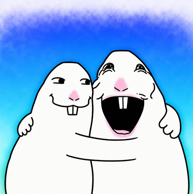 A cartoon illustration of two white hamster-like creatures with pink noses; one smiles while the other has its mouth wide open showing teeth, set against a blue sky background.