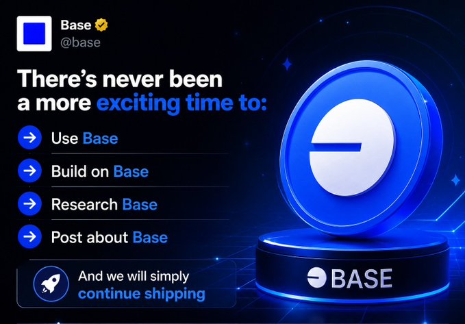 A promotional graphic for 'Base' (@base) displaying a blue 3D logo coin with text reading 'There's never been a more exciting time to: Use Base, Build on Base, Research Base, Post about Base' and 'And we will simply continue shipping.'
