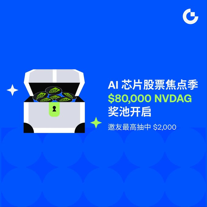 A promotional graphic with a blue background featuring a treasure chest filled with coins, and Chinese text reading 'AI 芯片股票焦点季 $80,000 NVDAG 奖池开启 邀友最高抽中 $2,000' with a 'G' logo in the corner.