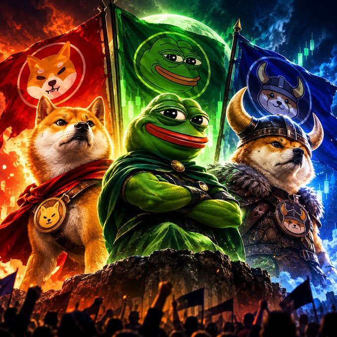 A vibrant illustration of the Pepe the Frog meme character standing on a rocky peak alongside two armored Shiba Inu dogs, with faction flags behind them.