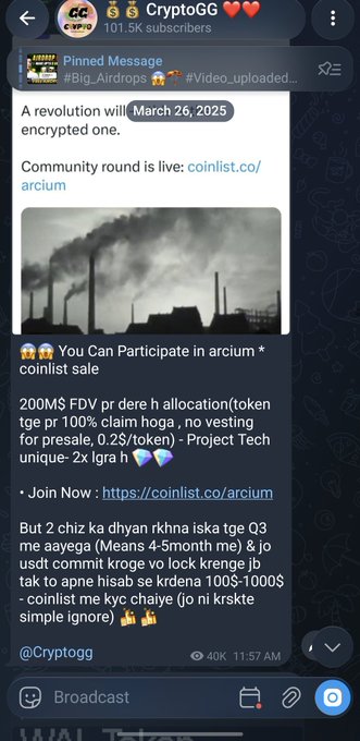 The image shows a cell phone screen with a message posted on it, which reads "You Can Participate in Arcium's @ARX $ARX *Presale ... Done". The message also includes a link to an article about a cryptocurrency called Arx.