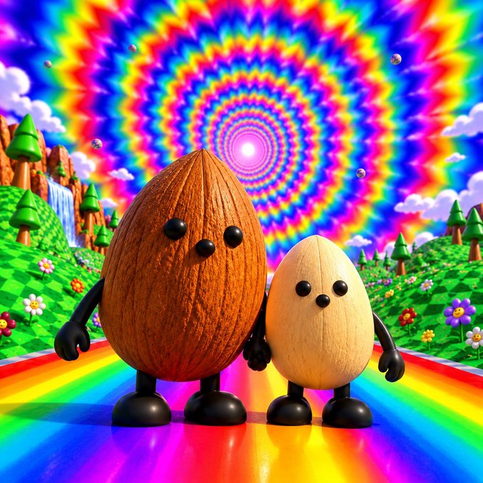 Two animated almonds with black bead eyes, mouths, and stick-like arms and legs stand on a rainbow path against a psychedelic, swirling rainbow background with cartoon trees and clouds.