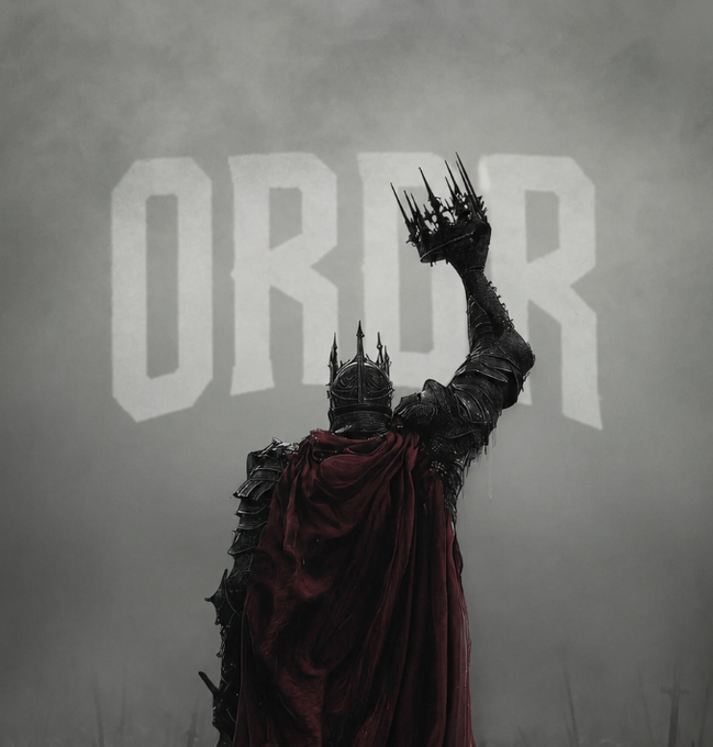 The image features a man dressed as a medieval knight standing against a gray sky with clouds, holding up his sword high above his head. The text "ORDR" can be seen in the background, which suggests that this scene might be related to an online gaming community or a social media post about the game Ordr.