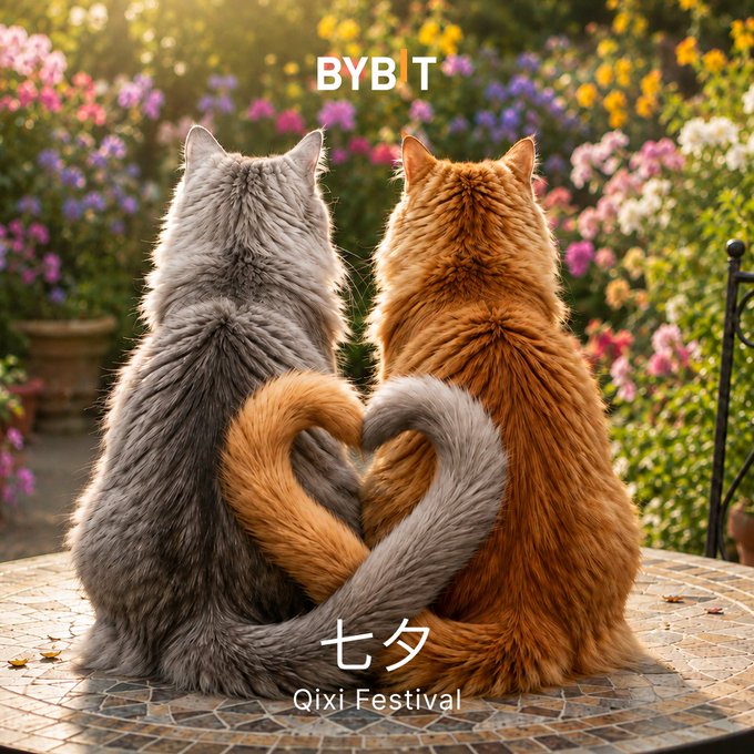 Two cats (one grey and one orange) sit with their backs to the viewer, their tails intertwined to form a heart shape, with text reading 'BYB T', '七夕' (Qixi Festival), and 'Qixi Festival'.