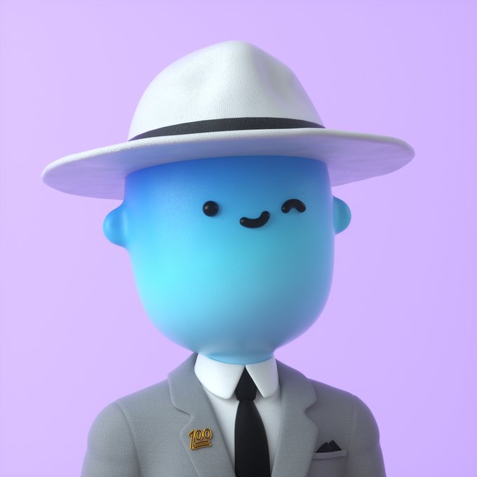 A 3D-rendered blue character with a cute smiling face wearing a white fedora hat, dressed in a gray suit with a black tie and a gold pin, set against a lavender background.