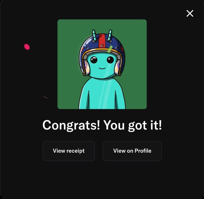 A confirmation pop-up displays "Congrats! You got it!" featuring a teal alien character in a space helmet, with options to "View receipt" or "View on Profile." This indicates the user successfully acquired a 4-trait Chill Bugs NFT, as referenced in their post.