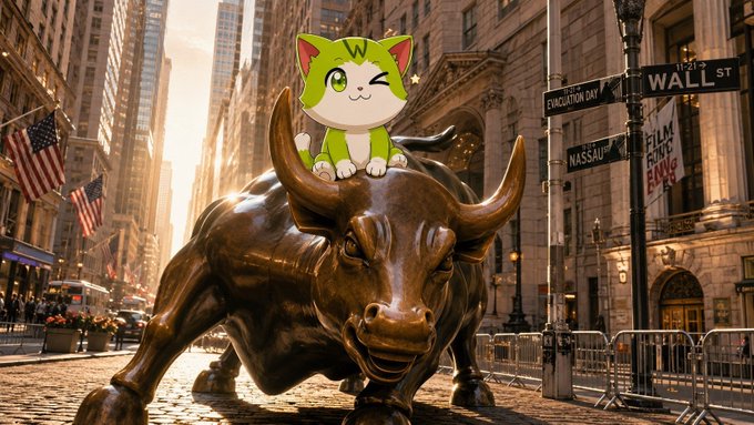 A cute cartoon green cat sits atop the iconic Charging Bull statue on Wall Street, with street signs clearly reading "WALL ST" and "EVACUATION DAY" and "NASSAU" visible in the background. The image perfectly captures the post's bullish sentiment of $WENCAT dominating the financial district, embodying the confident, moon-bound meme-stock energy with the cat literally riding Wall Street's famous bull.