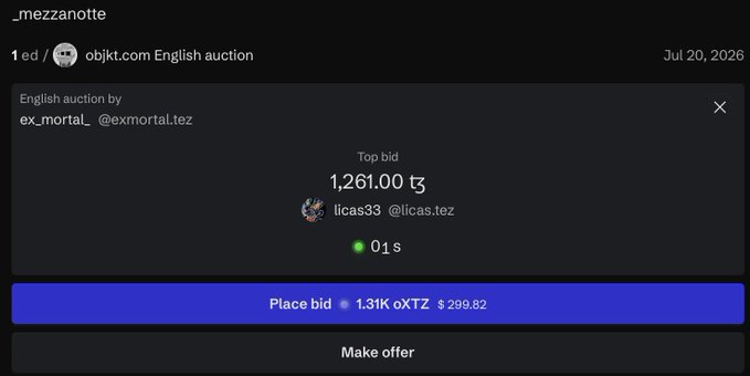 A screenshot of an online auction shows an 'English auction by ex_mortal' on objkt.com, with a 'Top bid' of '1,261.00 t3' by 'licas33' and 1 second remaining.