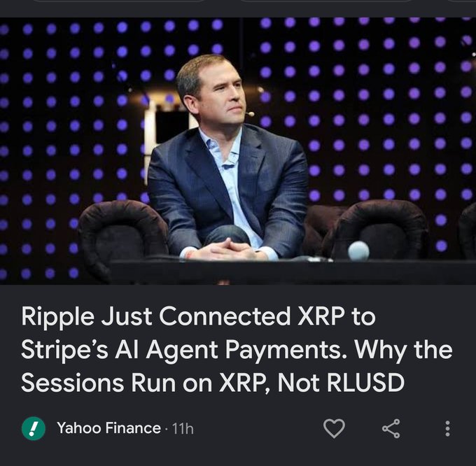 Yahoo Finance news article screenshot showing a man in a suit seated at a panel, with headline 'Ripple Just Connected XRP to Stripe's AI Agent Payments. Why the Sessions Run on XRP, Not RLUSD'.
