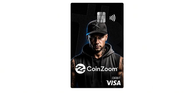 The image shows a CoinZoom Visa debit card featuring a man wearing a black cap with a contactless payment symbol, branded with the "CoinZoom" logo and "DEBIT VISA" text. It relates to the post by highlighting a holder unlocking access to this exclusive CoinZoom Black Card after purchasing 300,000 $ZOOM tokens.