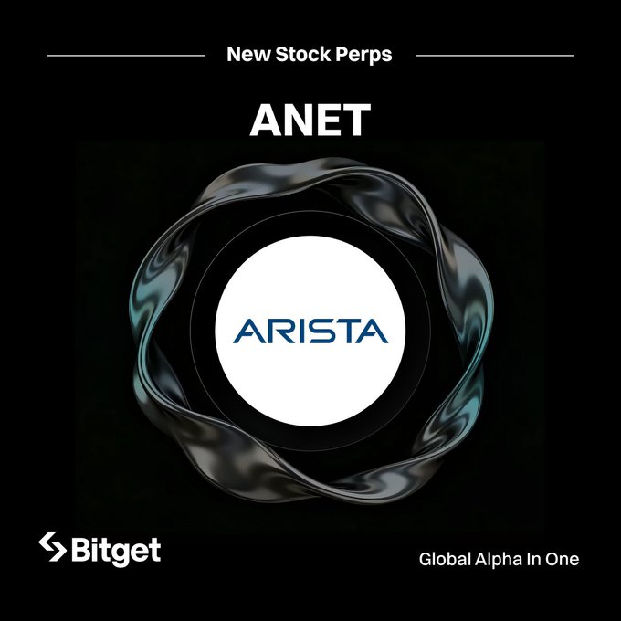 Bitget announcement graphic for new stock perpetual futures listing on ANET (Arista Networks), featuring the brand's logo within a stylized metallic circular design alongside the tagline "Global Alpha In One."