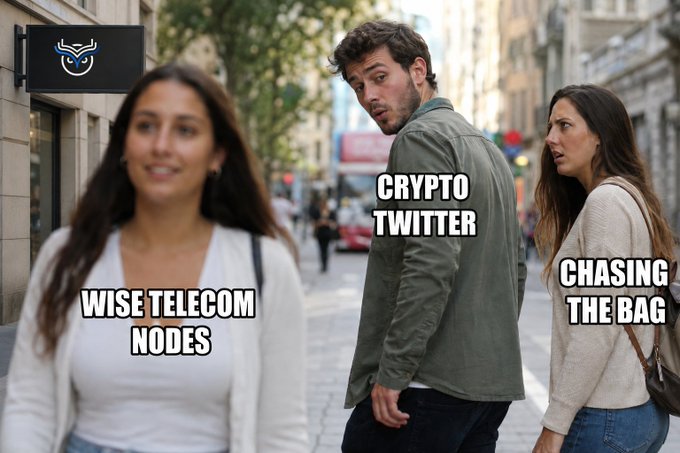 The "Distracted Boyfriend" meme format adapted for crypto, with the man labeled "CRYPTO TWITTER" looking back at "WISE TELECOM NODES" while his partner "CHASING THE BAG" looks on disapprovingly.