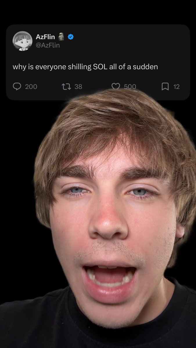 The image features a young man with brown hair wearing a black shirt, making a funny face as if he's trying to make someone laugh or playfully poke fun at them. The caption of the image includes some text that seems unrelated to the main subject matter. It reads: "asking why people are shilling SOL is like asking why a bald man wants his hair backITS OBVIOUS You want to pay your homie ... you're using SOL or SOL USDC. You want to play a web3 game ... solana just partnered with WSOP. You’re". The main focus of the image is on the young man's facial expression and the humorous caption, rather than the content of the post itself.
