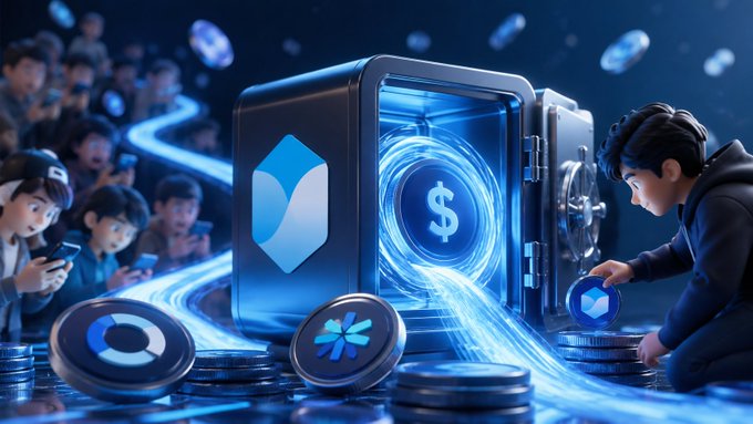 Stylized 3D render showing a glowing safe with a dollar sign surrounded by cartoon figures, coins, and floating blue tokens in a digital cryptocurrency-themed scene.
