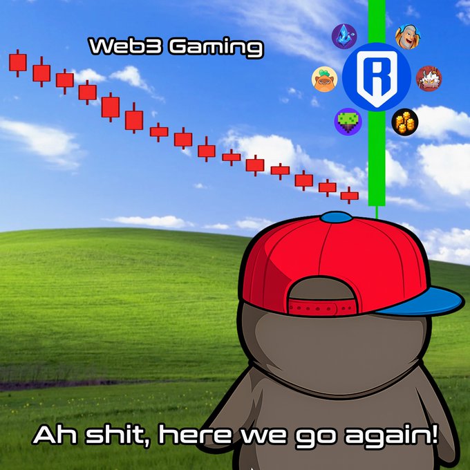 A meme image with a descending red candlestick chart labeled 'Web3 Gaming' and a cartoon bear wearing a red and blue cap, captioned 'Ah shit, here we go again!'