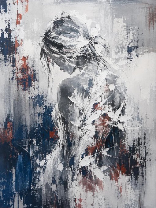 An abstract painting shows a figure with bowed head, rendered in cool grey, white, and dark blue tones with rust-red accents, surrounded by brushy textures and botanical motifs.