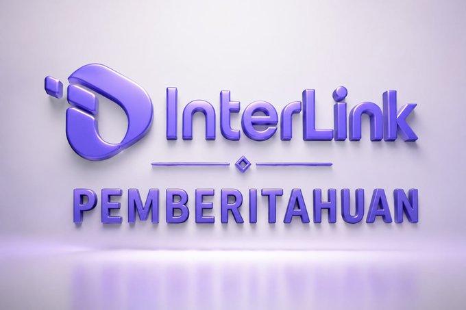 A 3D purple logo for 'InterLink PEMBERITAHAHUAN' (Indonesian for 'announcement/notification') on a light background.