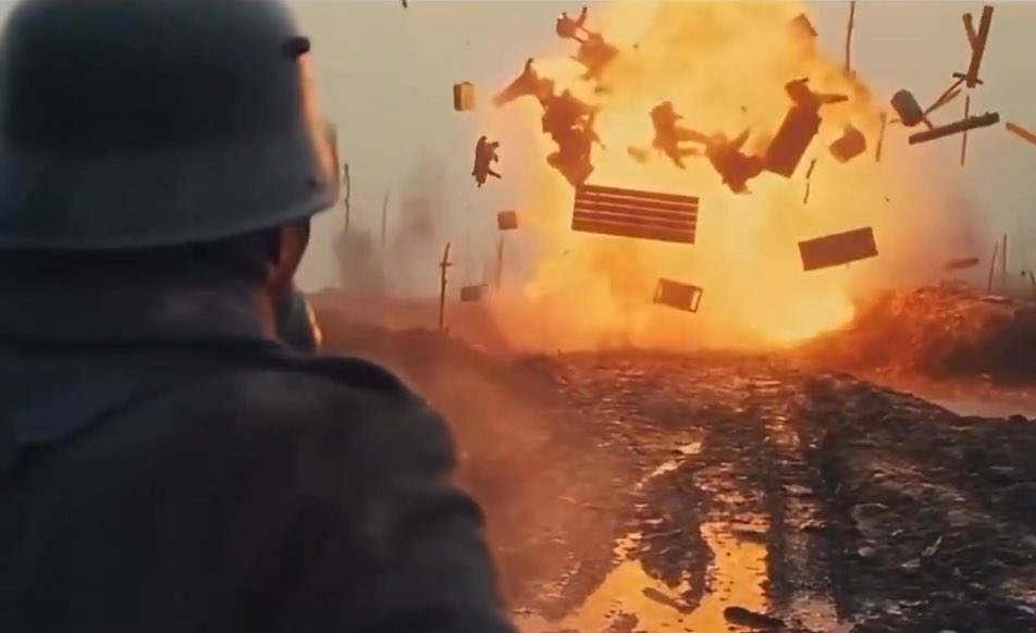 A soldier in a German WWI-era Stahlhelm watches as a massive explosion sends soldiers and wooden debris flying through the air on a muddy, shell-torn battlefield—mirroring the post's joke about the violent "crypto pump" that just missed them. The chaotic blast humorously captures the shock and destruction of suddenly seeing the market surge after already being left behind.