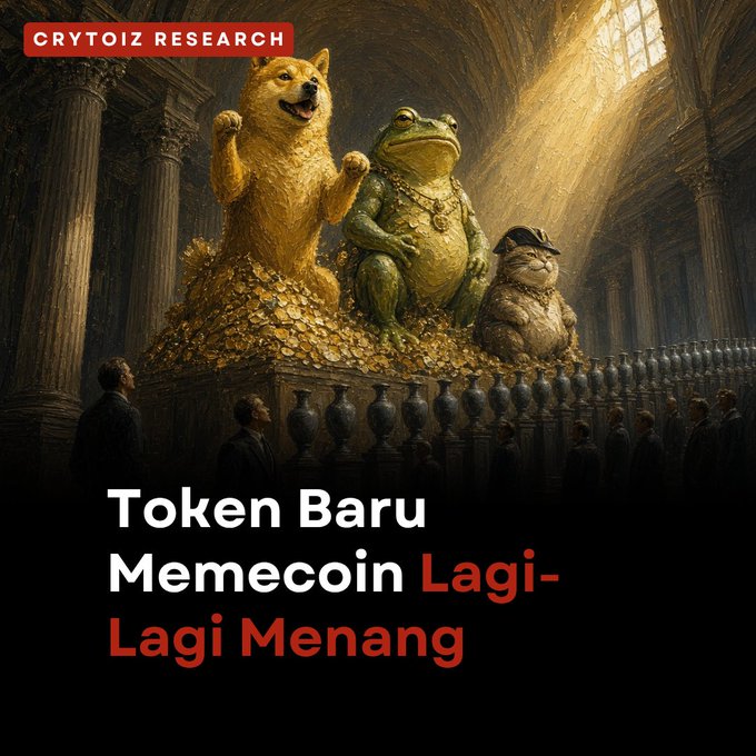 Cryptoiz Research promotional image featuring golden statues of a Shiba Inu, Pepe frog, and Hamster cat seated on a pile of gold coins, with the text 'Token Baru Memecoin Lagi-Lagi Menang'.