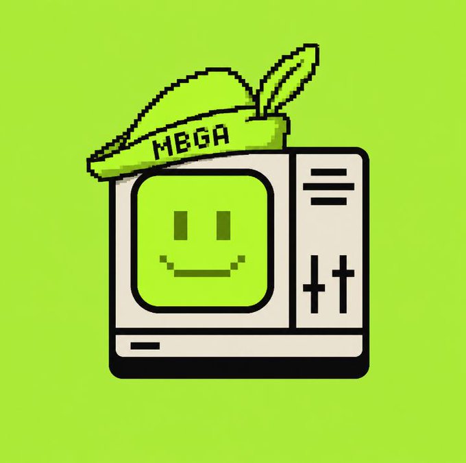A pixel art illustration of a beige retro computer with a smiley face on its screen, wearing a green leaf-like hat with the word 'MEGA' written on it, set against a bright green background.