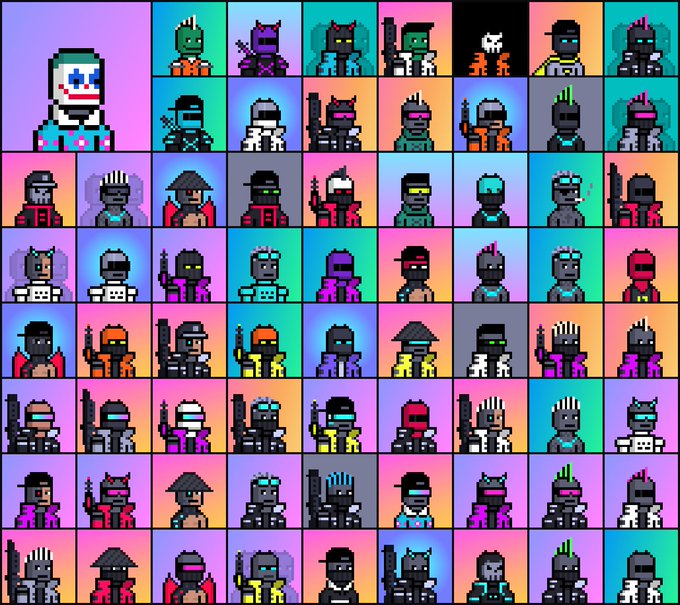 A pixel art grid displaying numerous colorful character avatars or sprites, each with different outfits and accessories against various colored backgrounds.
