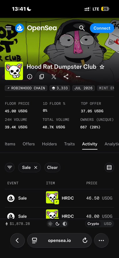 A mobile screenshot of the OpenSea website showing the 'Hood Rat Dumpster Club' NFT collection page on Robinhood Chain, displaying a floor price of 45.00 USDG and recent sale activity.