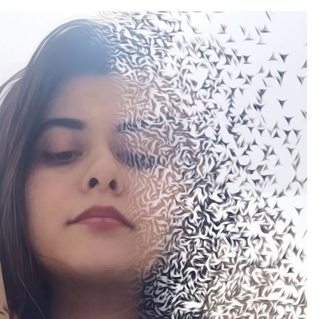 An artistic close-up portrait of a young woman with closed eyes, with the right side of the image dissolving into a textured, metallic silver pattern.