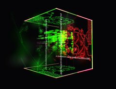 A digital rendering of a green wireframe cube with internal green and red pixelated textures set against a black background.