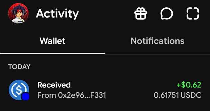 Mobile app 'Activity' screen showing a 'Wallet' tab and a 'Received' transaction of '+ $0.62 (0.61751 USDC)' from '0x2e96...F331' today.