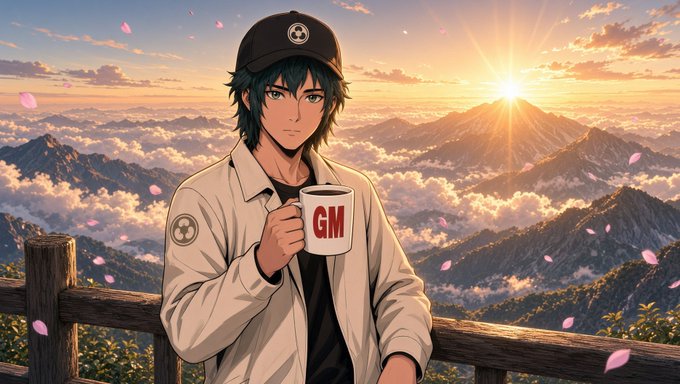 An anime-style illustration of a young man wearing a black cap and white jacket holding a mug labeled 'GM' against a scenic backdrop of mountains, clouds, and a sunset with floating pink petals.