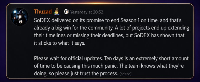 Discord message from user "Thuzad" in the SoDex community, praising SoDEX for ending Season 1 on time and urging members to trust the team and wait for official updates rather than panic, aligning with the post's call for patience ahead of Season 1's launch.