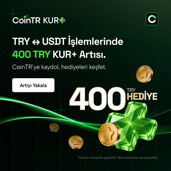 A CoinTR KUR+ promotional advertisement in Turkish offering a 400 TRY gift for new users on TRY ⇔ USDT transactions, featuring a green plus-shaped crystal and gold coins on a dark background.