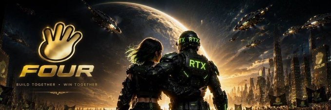 A promotional banner for the 'FOUR' token featuring a large gold hand logo, the text 'BUILD TOGETHER - WIN TOGETHER', and a sci-fi illustration of two figures labeled 'TX' and 'RTX' looking at a futuristic city and spaceships.