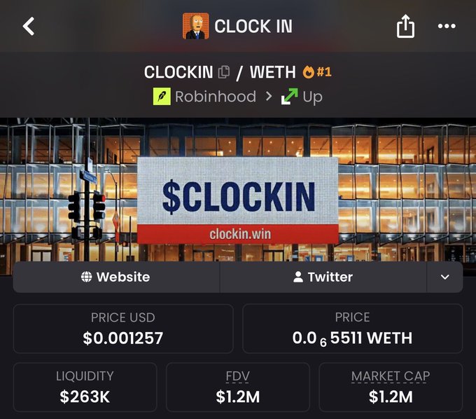 The image shows a cryptocurrency tracking page for the token "CLOCKIN" (ticker $CLOCKIN/WETH #1), launched via Robinhood, displaying a price of $0.001257 USD, 0.000005511 WETH, with $263K liquidity, $1.2M FDV, and $1.2M market cap. The accompanying text references the Stonkbrokers launchpad page for $clockin, noting that the 99% tax was clearly displayed there for potential buyers to review before purchasing—suggesting this screenshot may serve as evidence supporting that claim about transparency in the token's launch details.