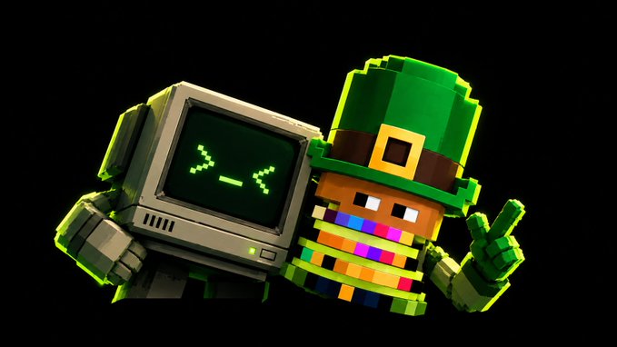 Two blocky, pixel-art characters—a leprechaun with a rainbow-striped scarf and a robot with a smiling green LED face—pose against a black background to celebrate a partnership giveaway with @ArcTerminalss offering 5 GTD and 5 FCFS spots.