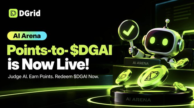 A promotional graphic for "DGrid AI Arena" announcing that "Points-to-$DGAI is Now Live! Judge AI. Earn Points. Redeem $DGAI Now," featuring a green robot character holding a checkmark sign.
