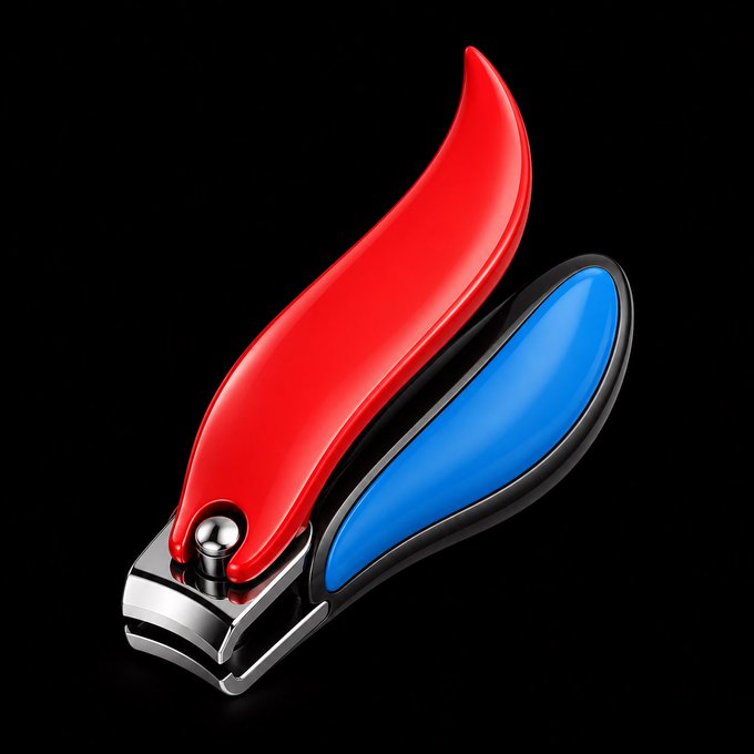 The image shows a 3D-rendered nail clipper with a sleek chrome body and two colorful wing-like accents—one bright red and one blue—against a black background. It playfully relates to the post's humorous request to "cut my nails," using the oversized, stylized clippers as a visual punchline to the casual "come be a VIP customer" invitation.