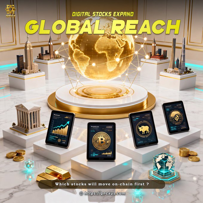 A digital promotional graphic with the bold headline "DIGITAL STOCKS EXPAND GLOBAL REACH" showcases a golden globe surrounded by global landmarks and cryptocurrency exchanges (featuring a Bitcoin display), all set against a luxurious marble and gold backdrop. A banner at the bottom asks, "Which stocks will move on-chain first?" alongside gold bars, coins, and tablets displaying financial charts. The post reinforces the image's theme of QNCX's role in the expansion of tokenized stocks and digital assets within the RWA (Real World Assets) blockchain space.