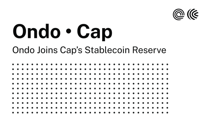 The image features a white background with black text that reads "Ondo - Joins Cap's Stablecoin Reserve". The text is centered, making it easy to read. Below this title, there are two circles representing the words "Joins" and "Cap's", indicating the partnership between these two entities. The text also mentions a stable coin reserve, which further emphasizes the nature of their collaboration.