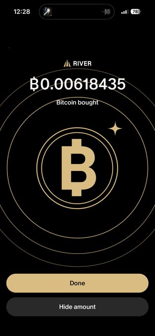 A smartphone screenshot of the River app displays a Bitcoin purchase confirmation for '฿0.00618435' on a black and gold interface.