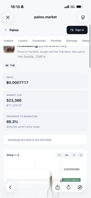 A mobile screenshot from pairex.market showing a token called 'moodeng (MOODENG)' priced at ฿0.0007717 with a market cap of $23,366, noting 'moodeng but tied to the thai baht'.
