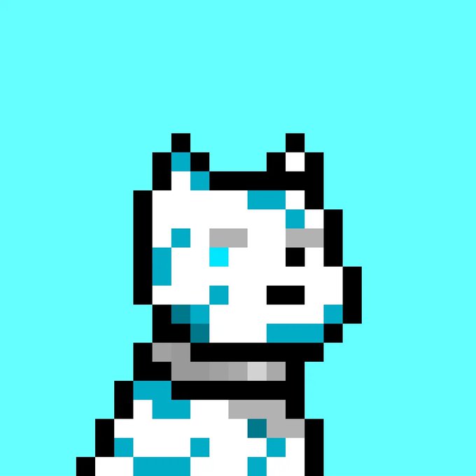 Pixel art character in white and teal blocky design against a solid teal background, resembling a retro video game sprite.