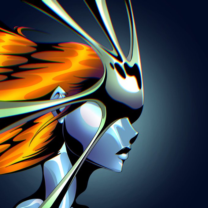 A side-profile illustration of a humanoid figure with metallic blue skin, wearing an elaborate spiky golden and black helmet adorned with flame-like orange accents, fitting the artistic NFT "Xarans" mentioned in the post about 900 hand-drawn characters launching on Ethereum.