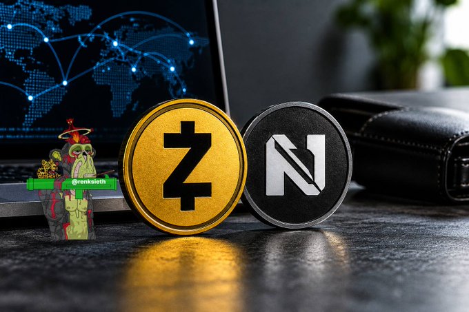 Two physical cryptocurrency coins—one gold featuring the "Z" symbol for Zcash (ZEC) and one silver/black displaying the "Ñ" symbol for Nym—rest on a dark surface beside a laptop showing a digital world map, visually representing the integration of Nym's mixnet privacy layer into Zcash wallets like Zingo and Zkool as described in the post.