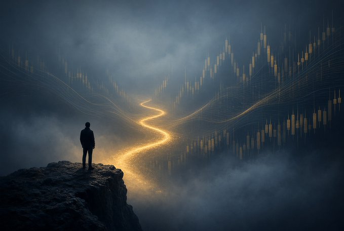 A solitary figure stands on a misty cliff edge, gazing out at a glowing golden path of candlestick charts that wind through a fog-shrouded abyss, symbolizing the uncertainty and opportunity of navigating the markets.

The luminous trading charts visually reinforce the post's message about market humility, with the foggy unknown around the path representing the limits of an investor's knowledge, while the tags $ADA, $BTC, and $ETH highlight the crypto assets referenced in the journey.