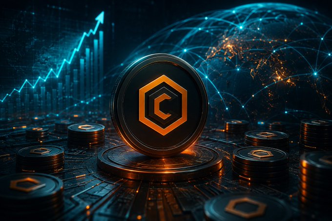 A digital rendering of an orange cryptocurrency coin with a hexagonal 'C' logo on a dark platform, surrounded by a glowing globe and rising chart graphics.